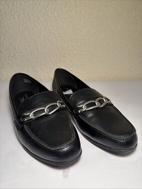 Kim Rogers Black Leather Slip-On Loafers with Silver Chain